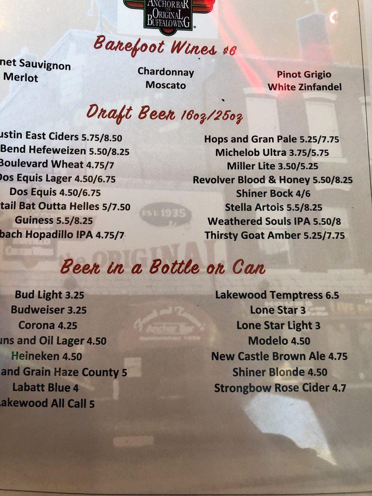 Menu at Anchor Bar, Schertz