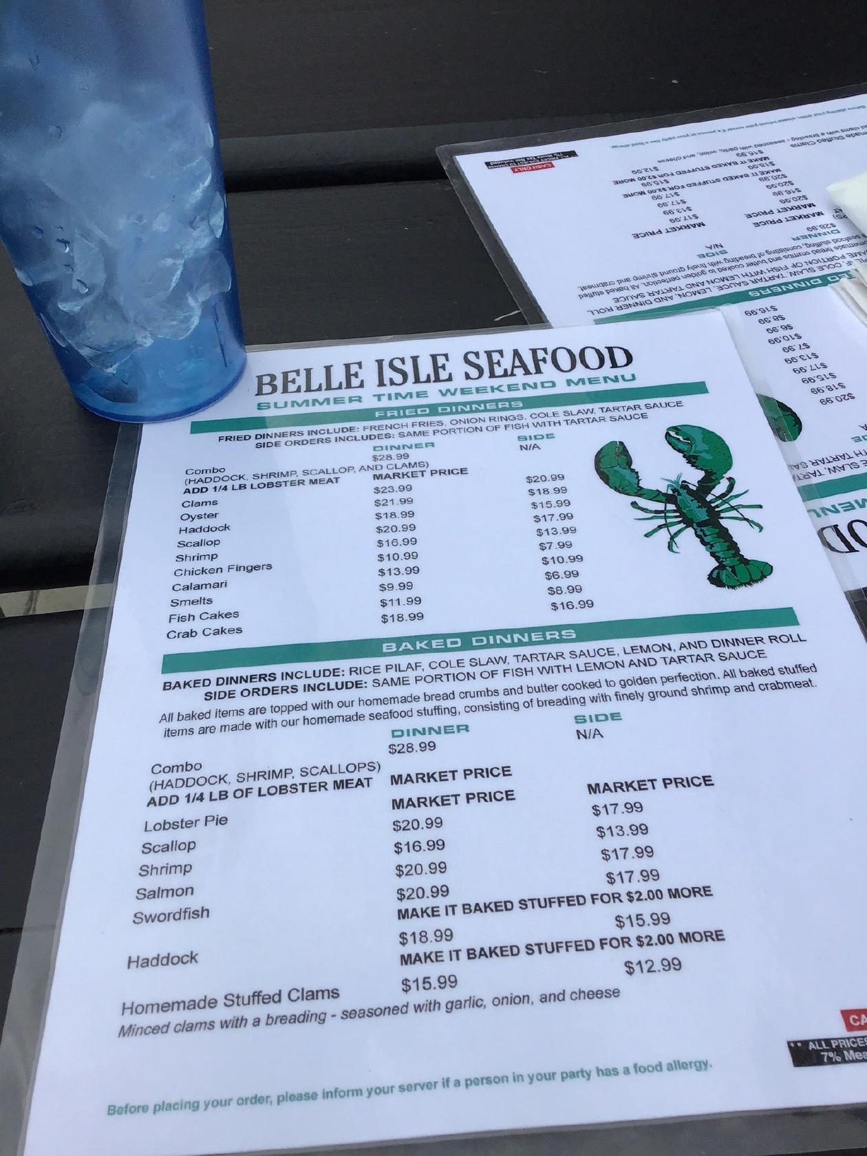 Menu at Belle Isle Seafood restaurant, Winthrop