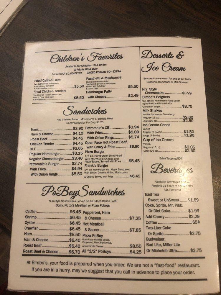 Menu at Bimbo's Restaurant, Silas, US84