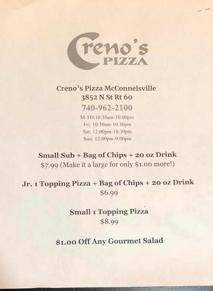 Menu at Creno's Pizza restaurant, McConnelsville, OH-60