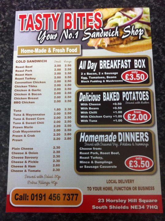 Menu at Tasty Bites Sandwich Shop cafe, South Shields