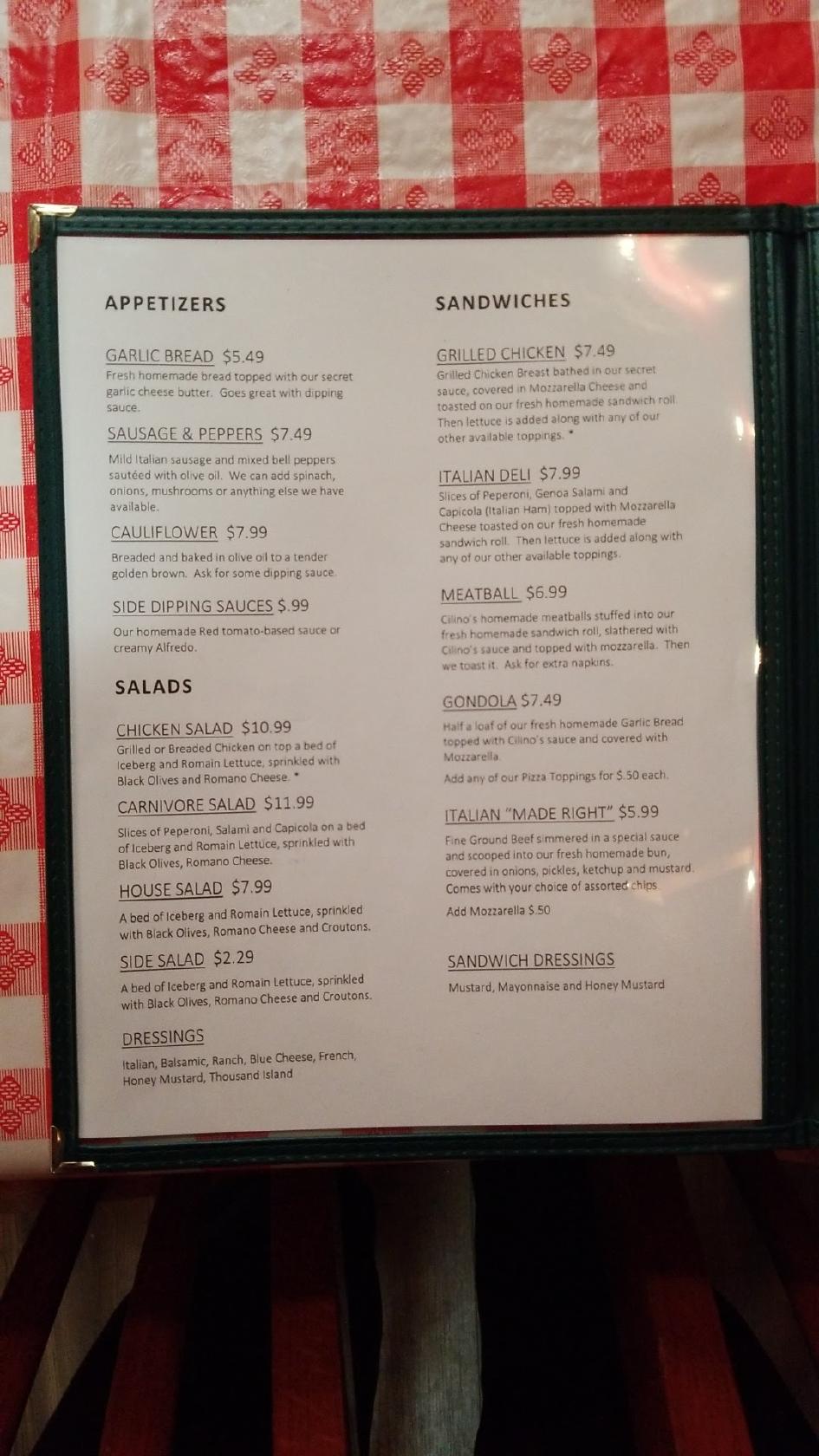 Menu at Cilino's Italian Restaurant, Wellman