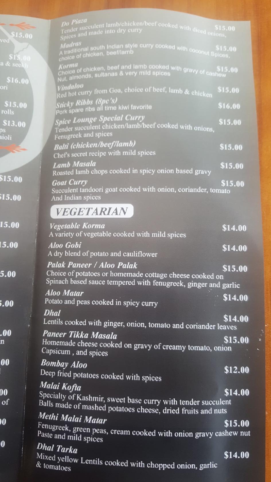 Menu at Spice Lounge restaurant, Kaiwaka