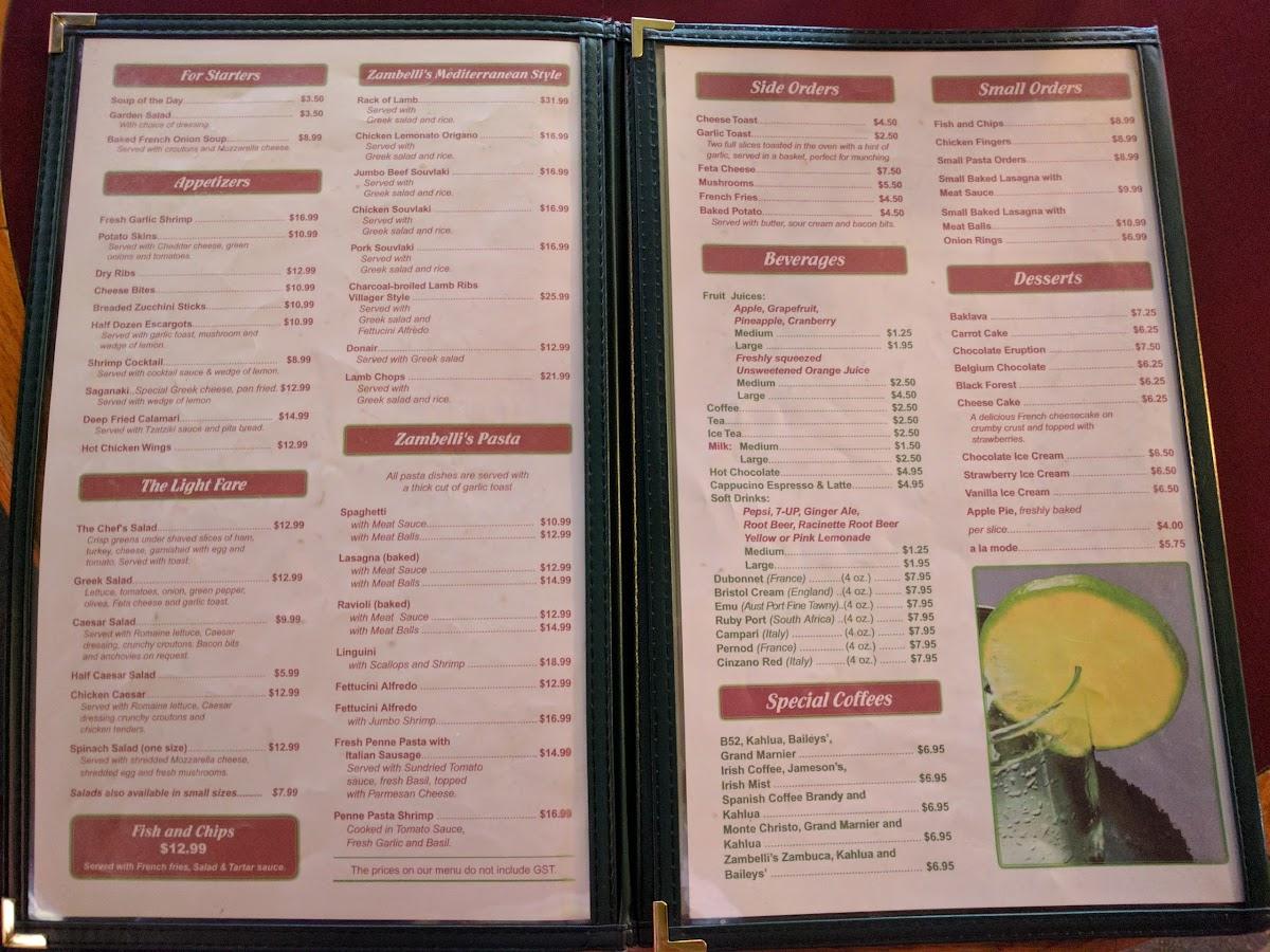 Menu at Zambelli's Edmonton steakhouse, Edmonton