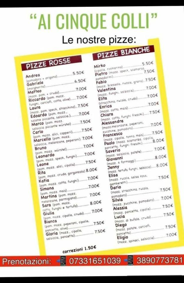 Menu di Ai Cinque Colli 