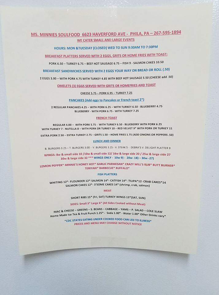 Menu at Ms. Minnie's Soulfood restaurant, Philadelphia