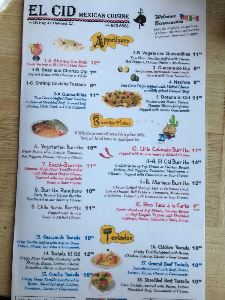 Menu at El Cid restaurant, Oakhurst, CA41