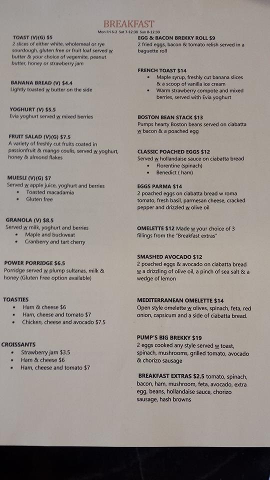 Menu at Pump Cafe, Mooroolbark