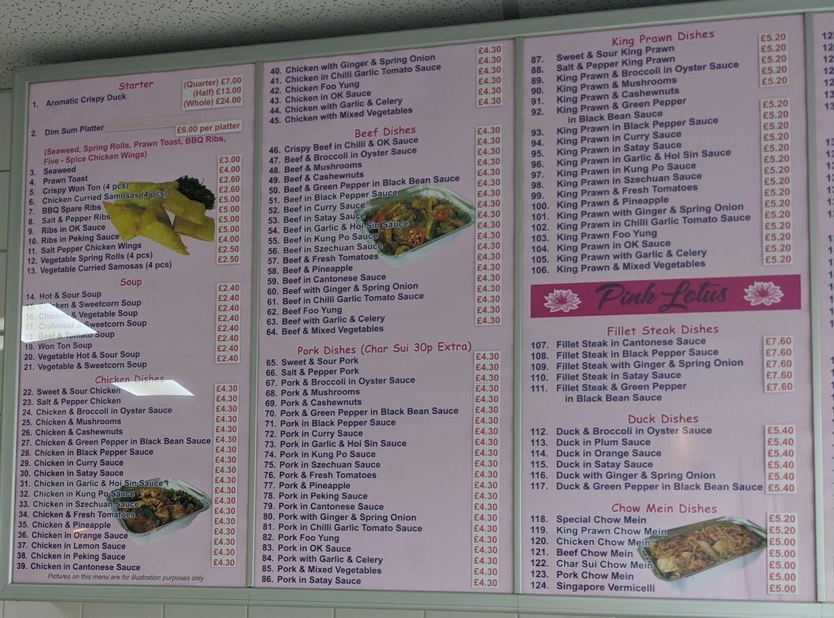 Menu at Pink Lotus restaurant, Manchester, 265 Oldham Rd