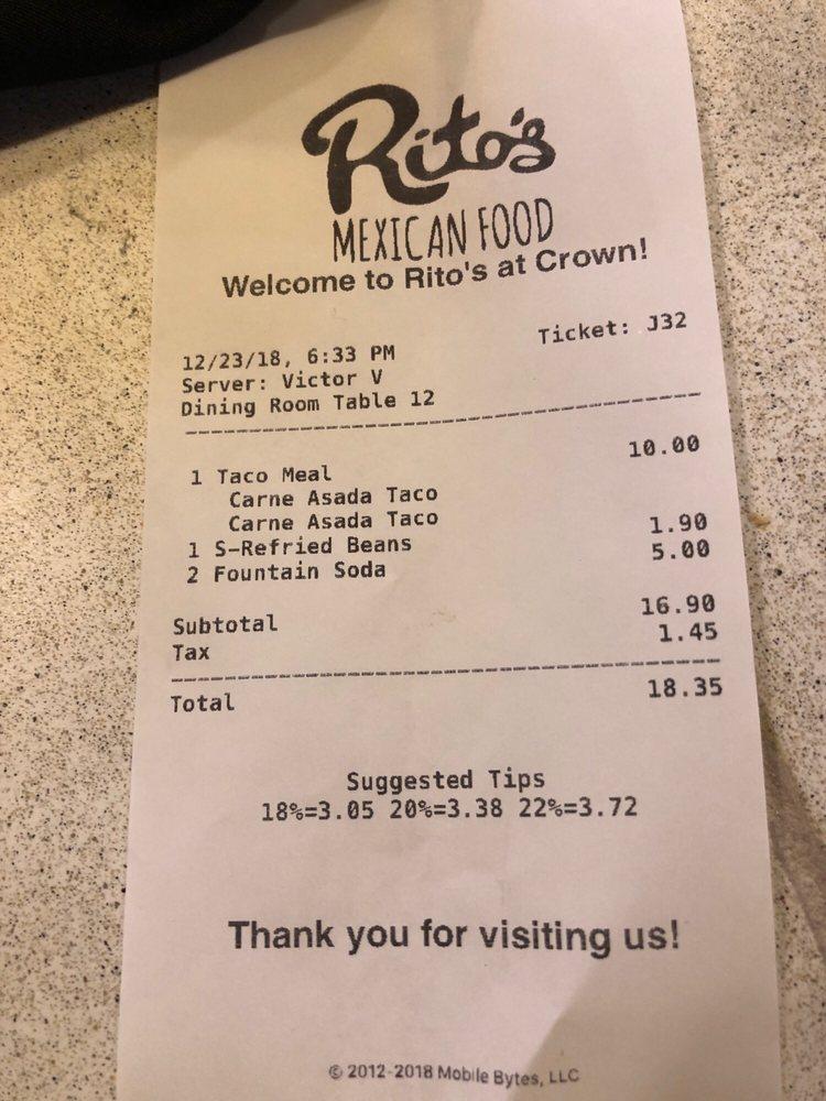 Menu at Rito's Mexican Food restaurant, Phoenix, N 7th St