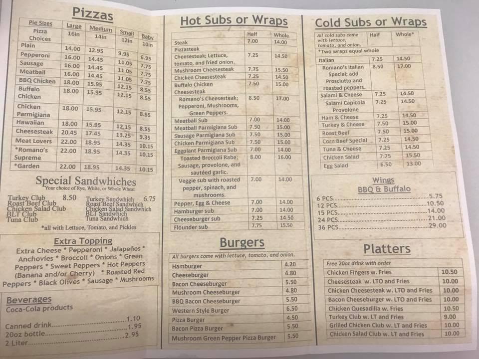 Menu at Romano's Pizza pizzeria, Somers Point