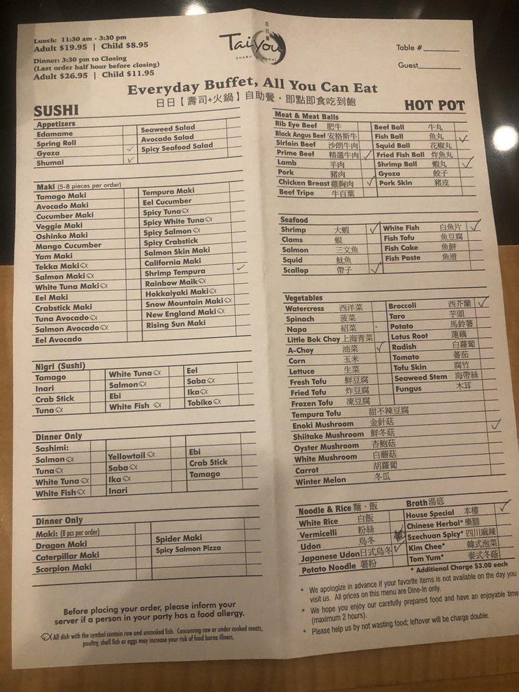 Menu at Taiyou Shabu & Sushi restaurant, Quincy