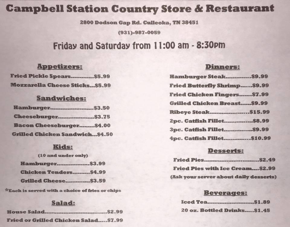 Rcd0 Menu Campbell Station Country Store Restaurant 