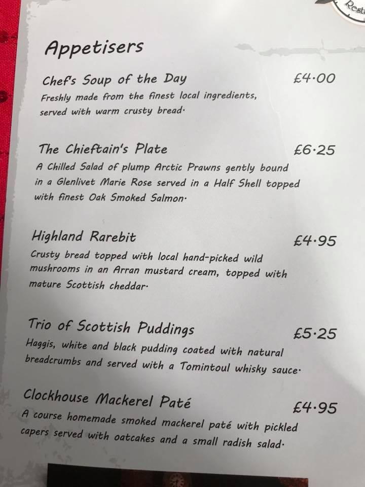 Menu at Clockhouse Restaurant, Tomintoul