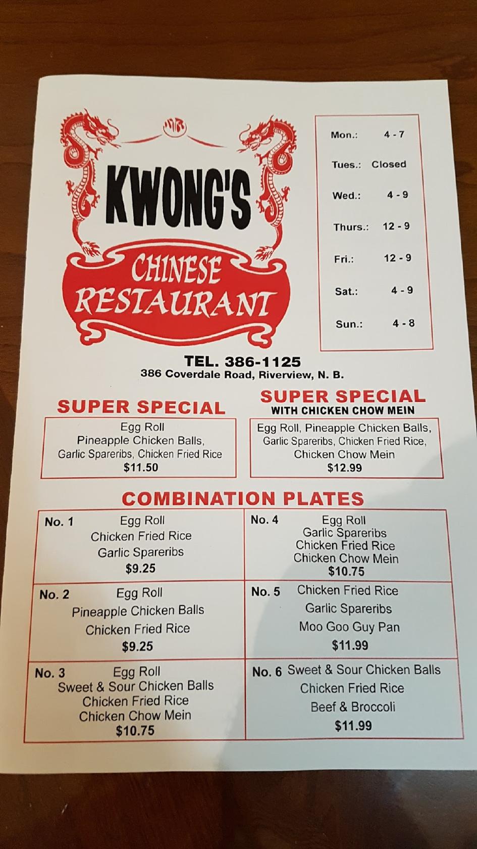 Menu at Kwongs restaurant, Riverview