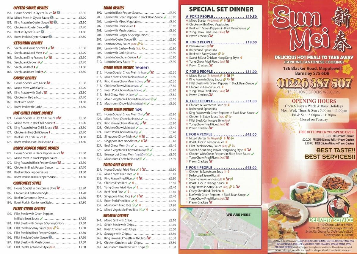 Menu at Sun Mei restaurant, Barnsley