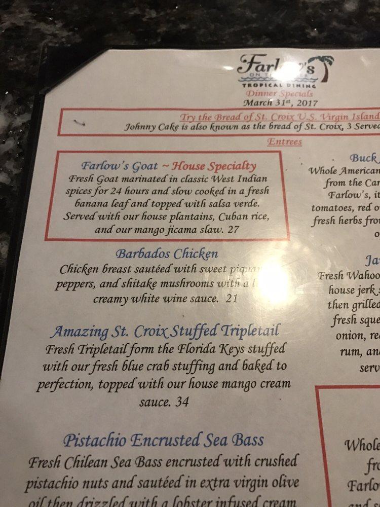 Menu at Farlows on the Water restaurant, Englewood