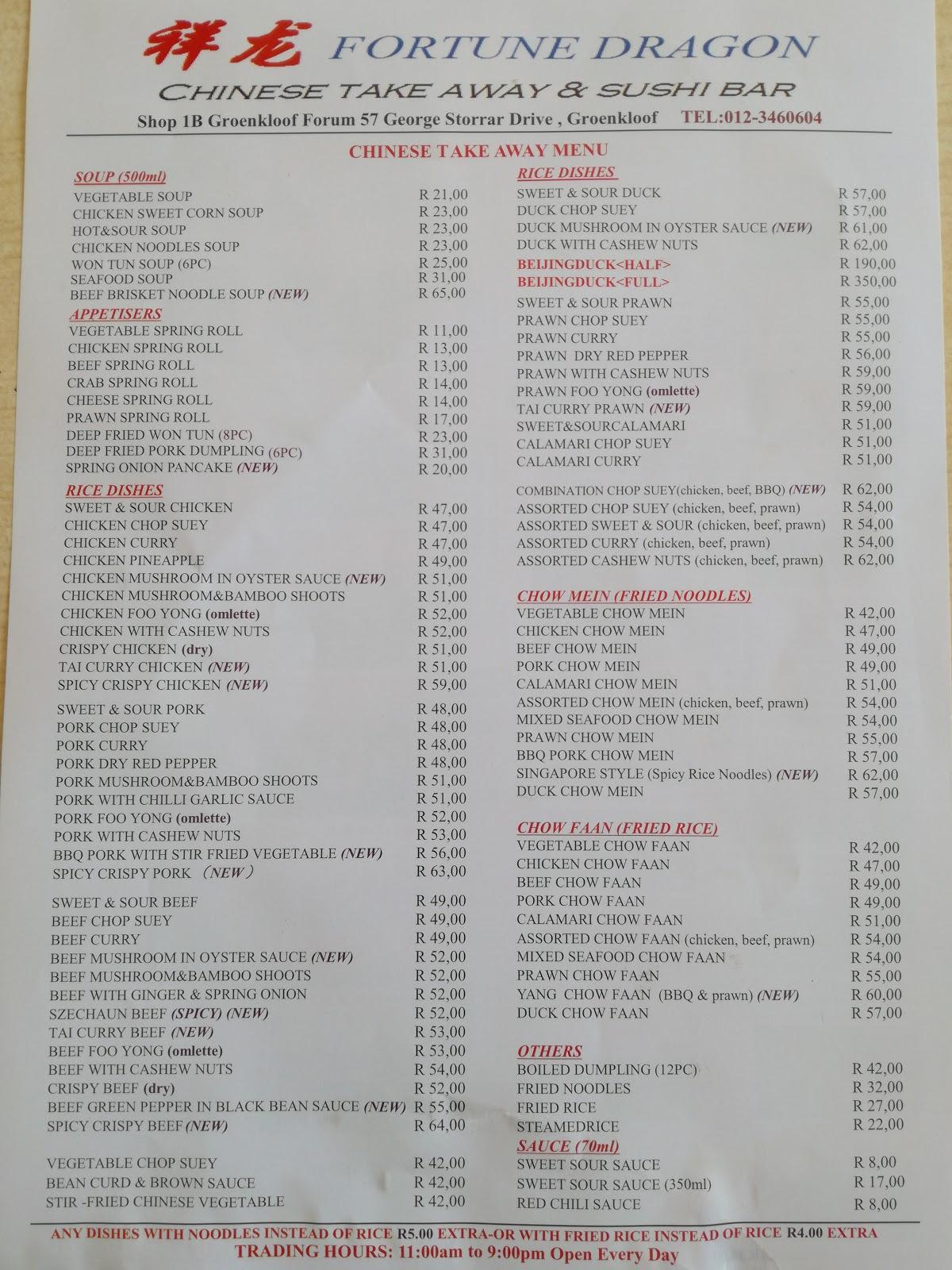 Menu at Fortune Dragon Chinese Restaurant, Pretoria, 45-