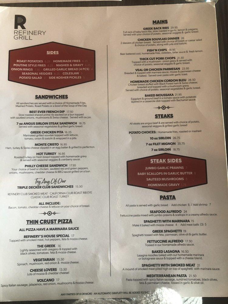 Menu at Refinery Grill restaurant, Edmonton, Mayfield Rd NW