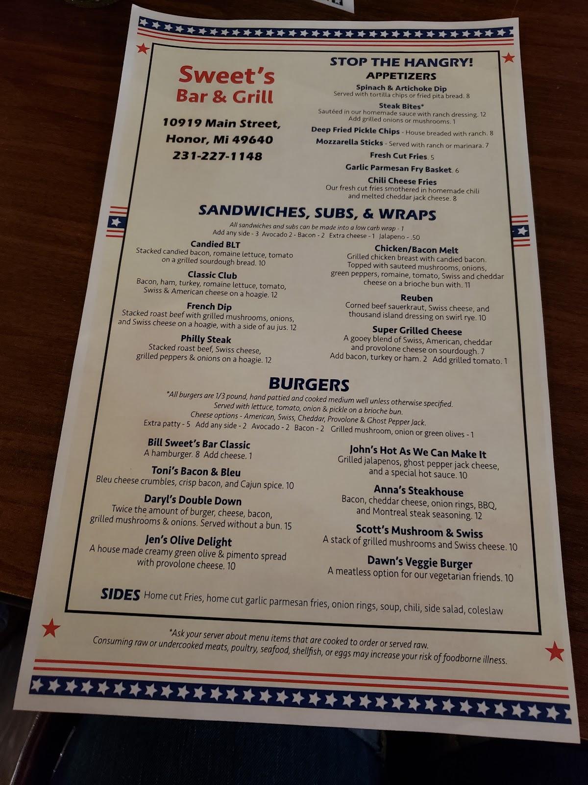 Menu at Sweet's Bar and Grill, Honor