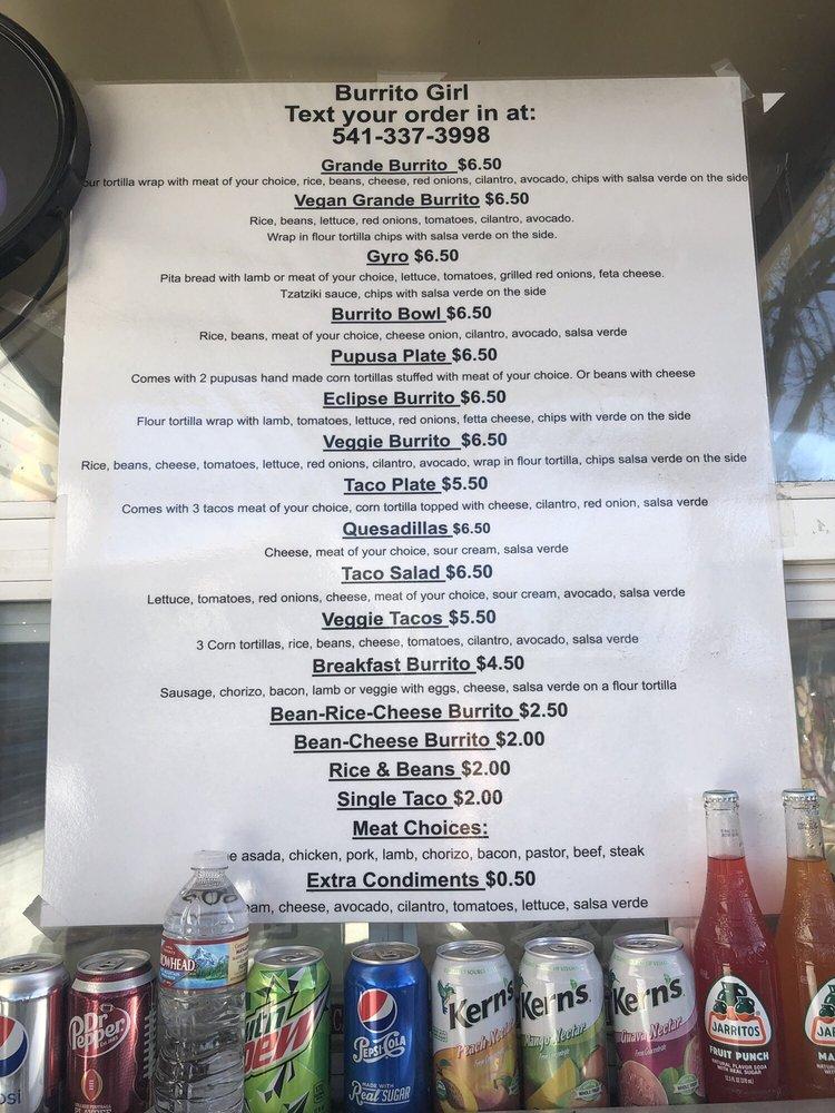 Menu at Burrito Girl restaurant, Eugene, 150 Shelton Mcmurphey Blvd