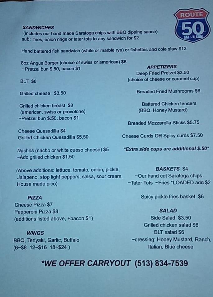 Menu at Route 50 Saloon pub & bar, Addyston