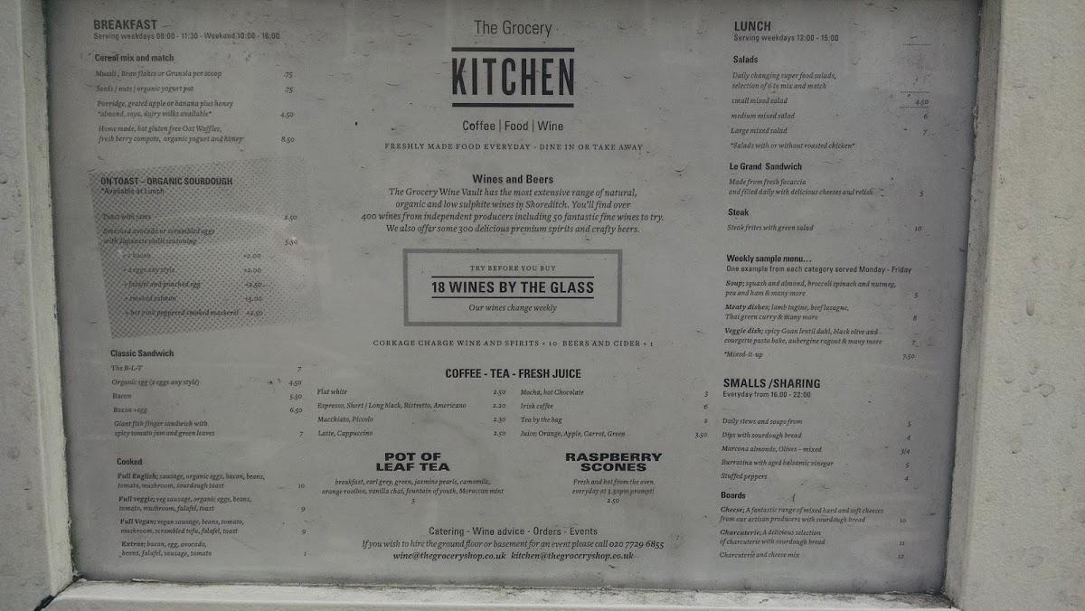 Menu at The Grocery Wine Vault cafe, London
