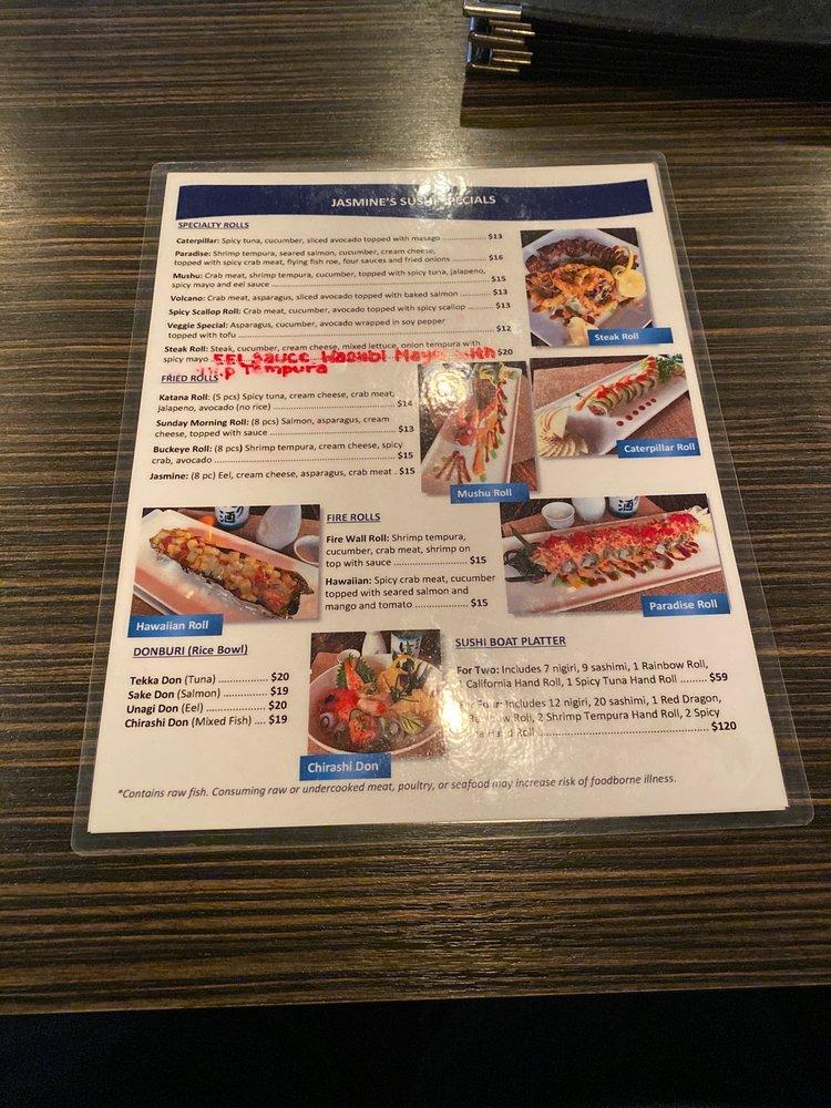 Menu at Jasmine's Thai & Sushi restaurant, Pickerington