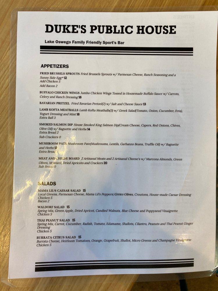 Menu at Duke’s Public House, Lake Oswego