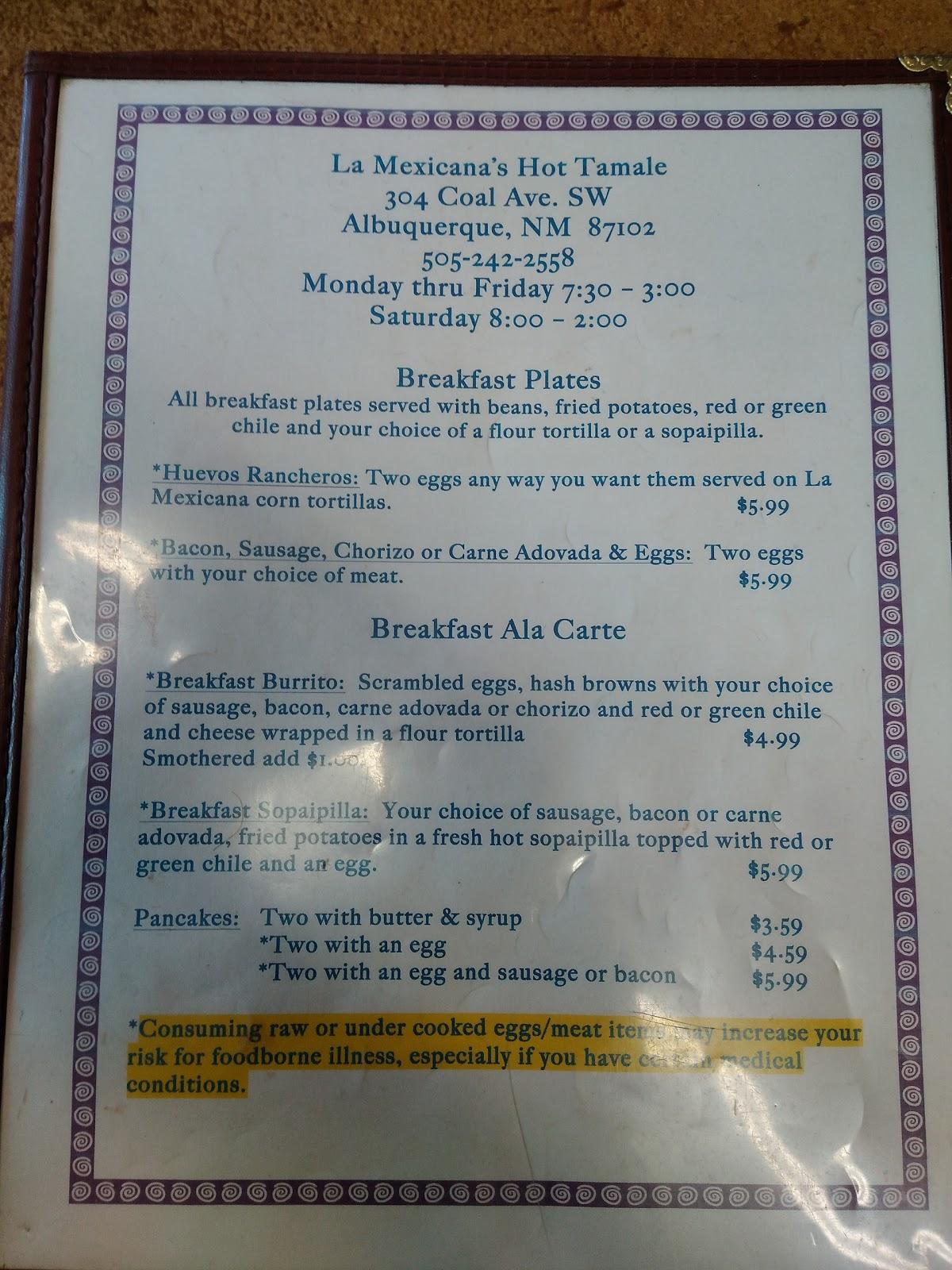 Menu at La Mexicana Tortilla Co restaurant, Albuquerque