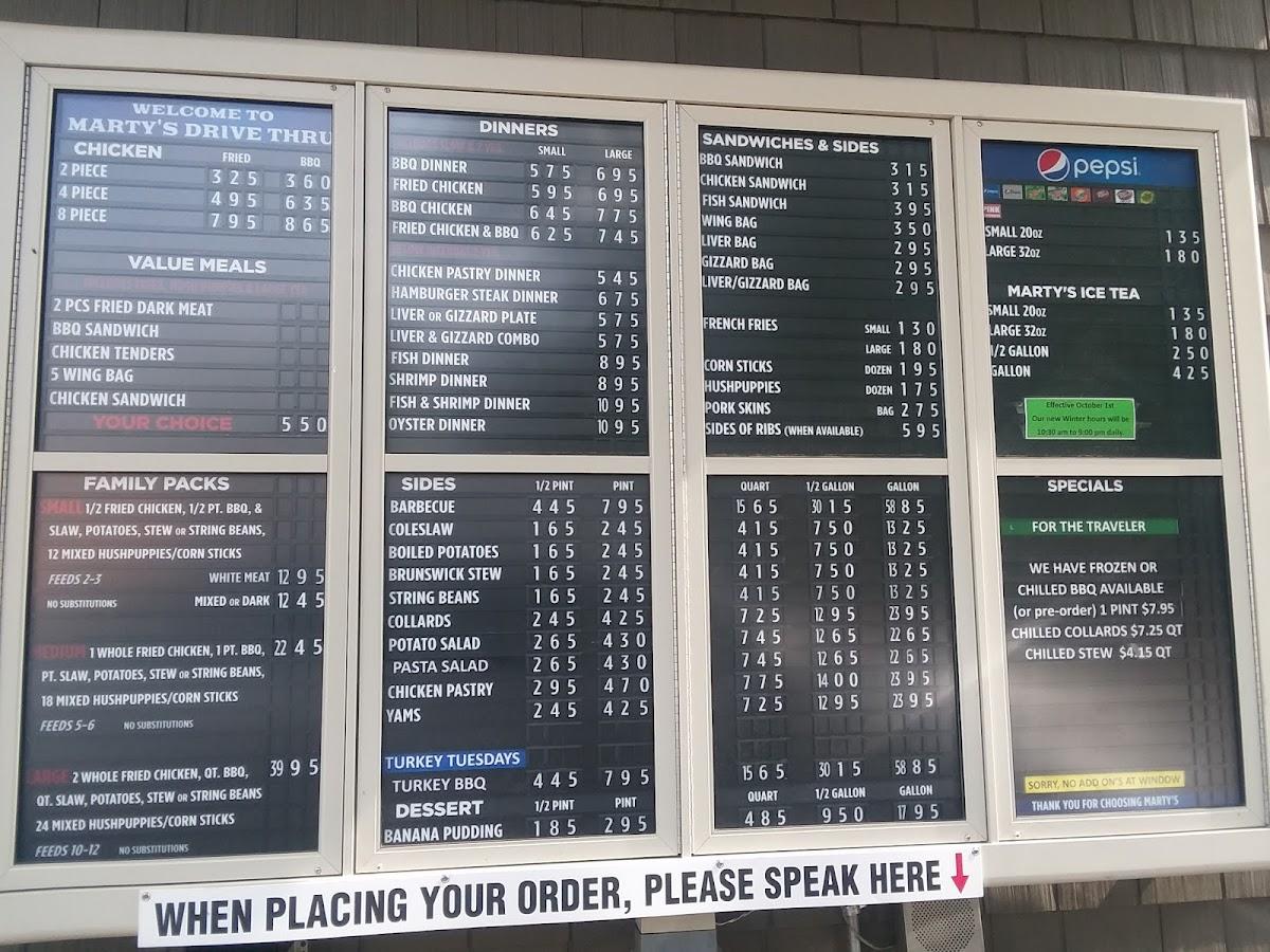 Menu at Marty's BBQ, Wilson