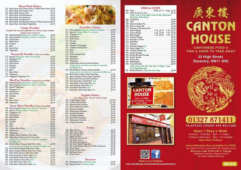 Menu at Canton House fast food, Daventry