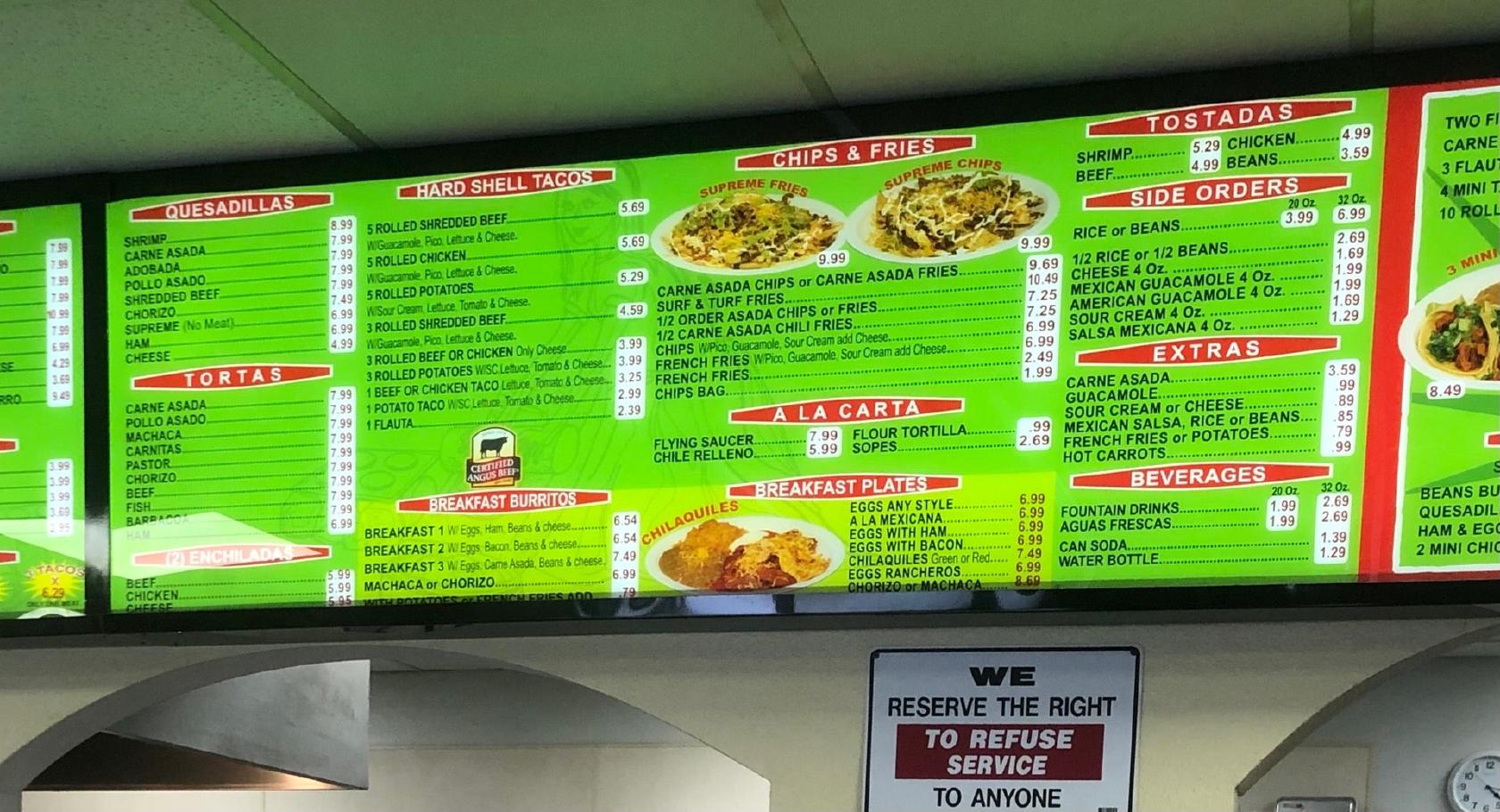 Menu at Graciela's Taco Shop restaurant, Bonita, Central Ave A