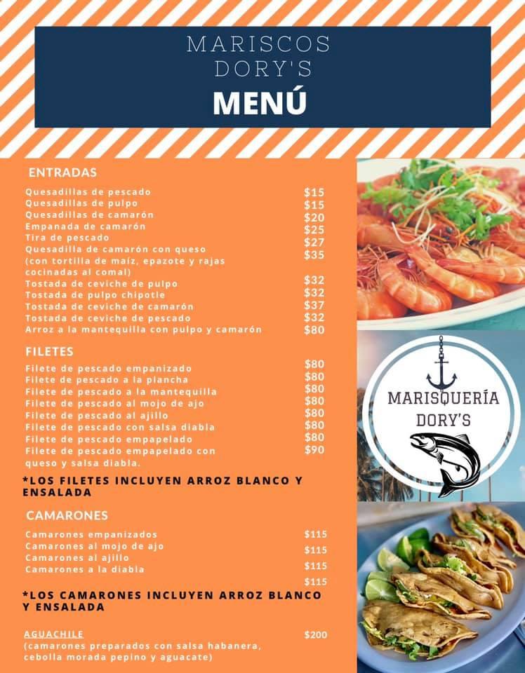 Menu at Mariscos Dory's restaurant, Mexico City