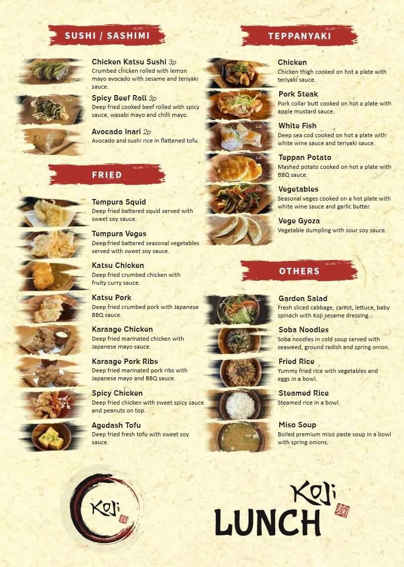 Menu at Koji Japanese Buffet Christchurch restaurant, Christchurch