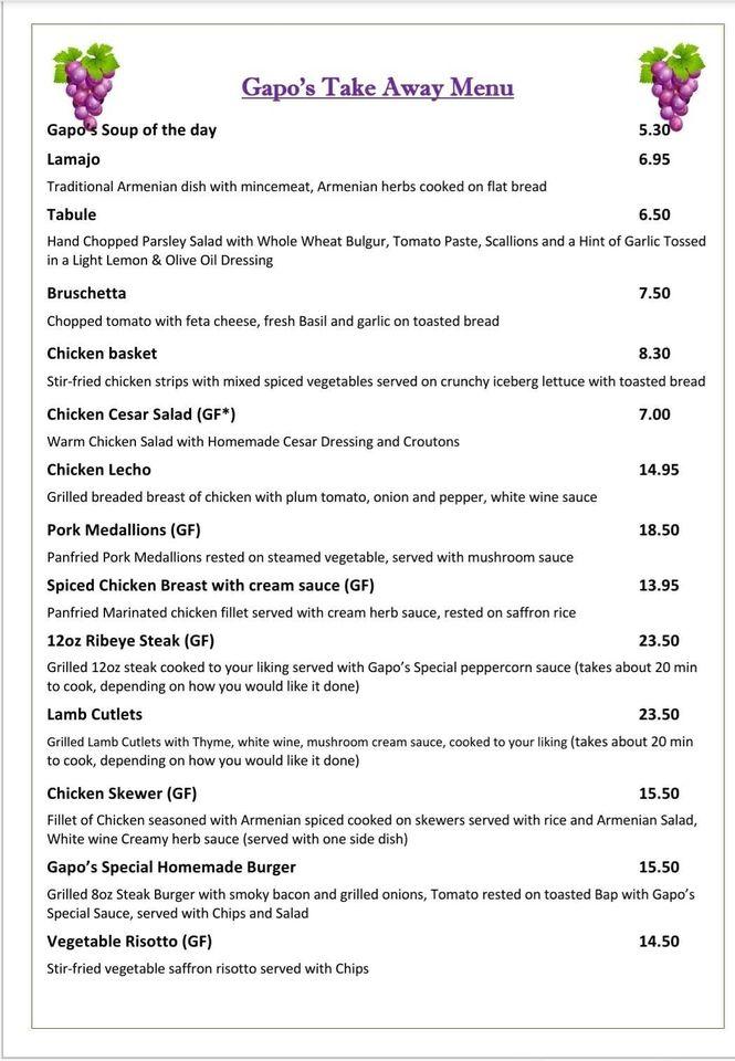 Menu at Gapo's Restaurant, Listowel