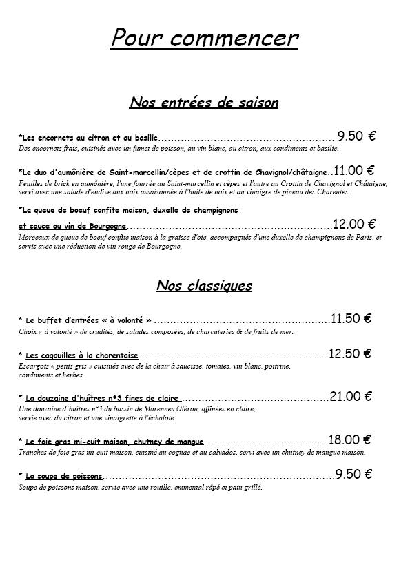 Menu at Beaurivage restaurant, Mansle