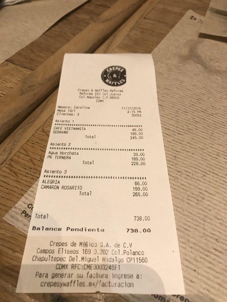 Menu at Crepes & Waffles cafeteria, Mexico City, Paseo de la Reforma