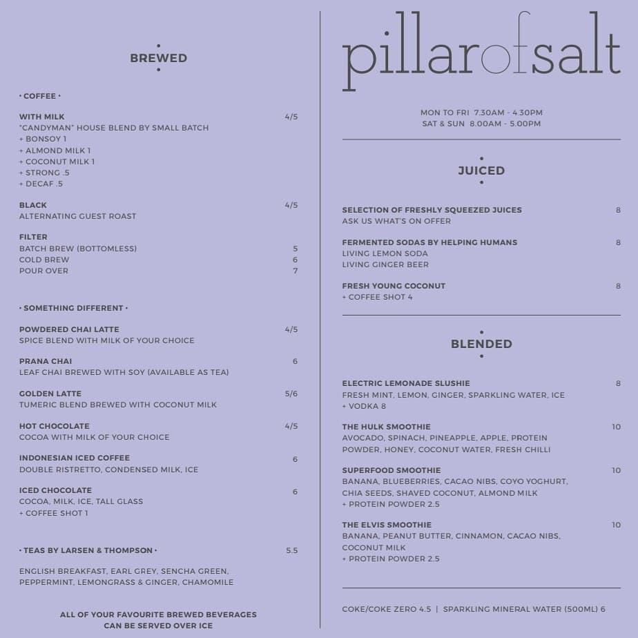 Menu at Pillar of Salt restaurant, Richmond