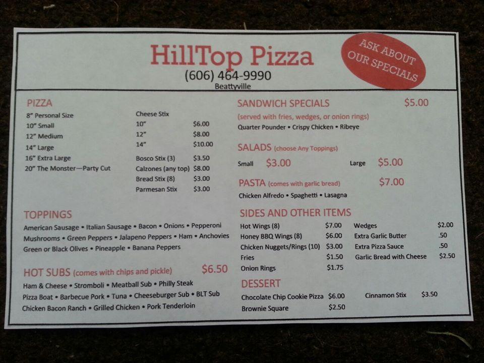 Menu at Hill Top Pizza pizzeria, Beattyville