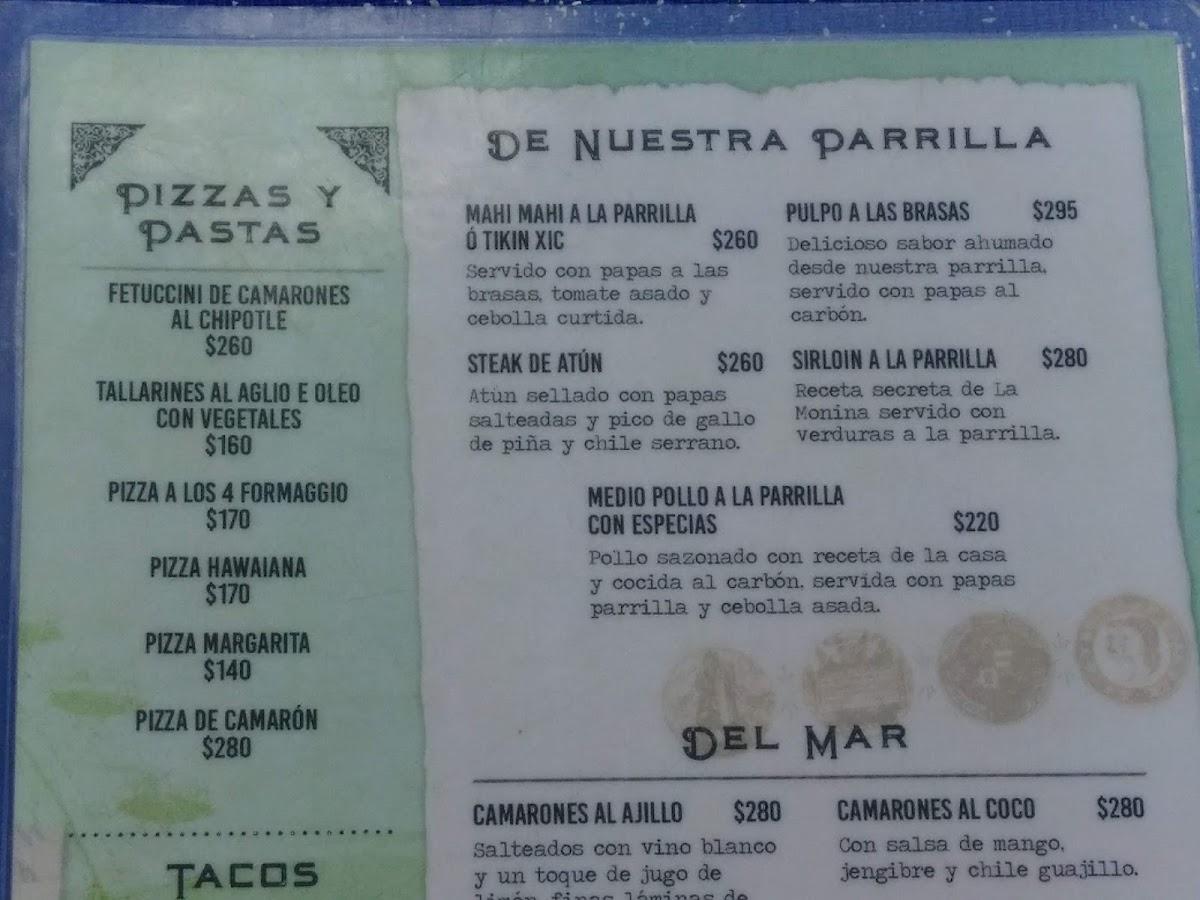 Menu at La Monina restaurant, San Miguel de Cozumel, Av. Rafael E. Melgar  s/n