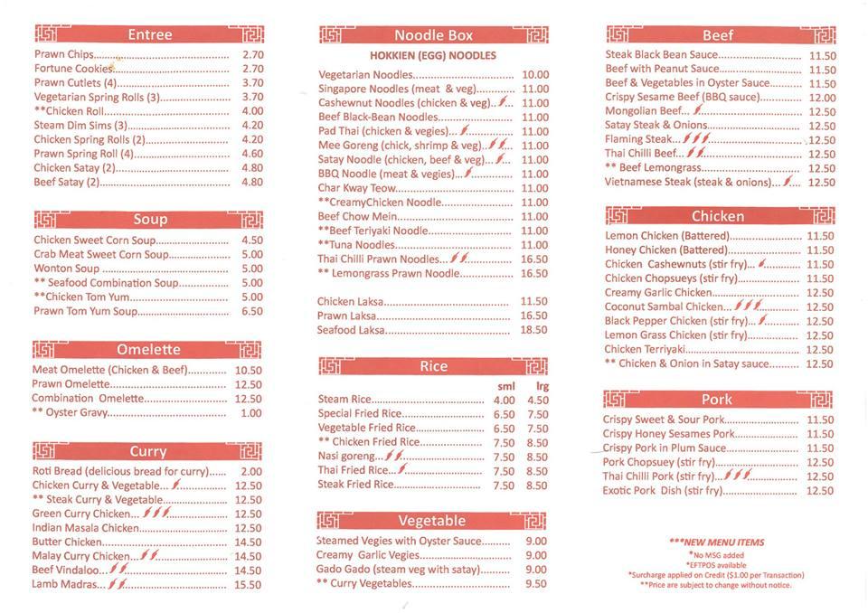 Menu at Lam's Noodle Bar, Seaford