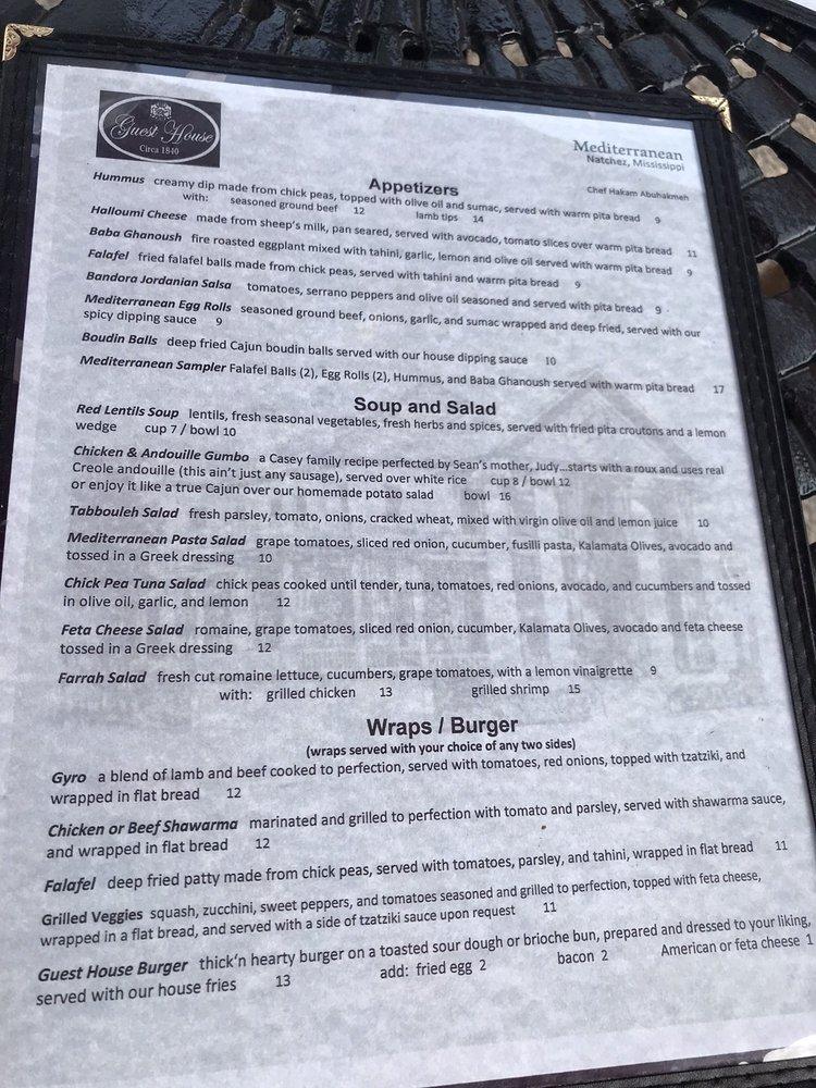 Menu at The Guest House Restaurant, Natchez