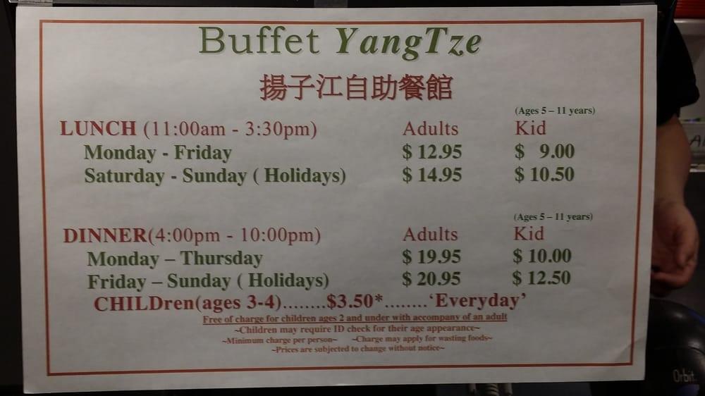 Menu at Buffet Yangtze restaurant, Calgary