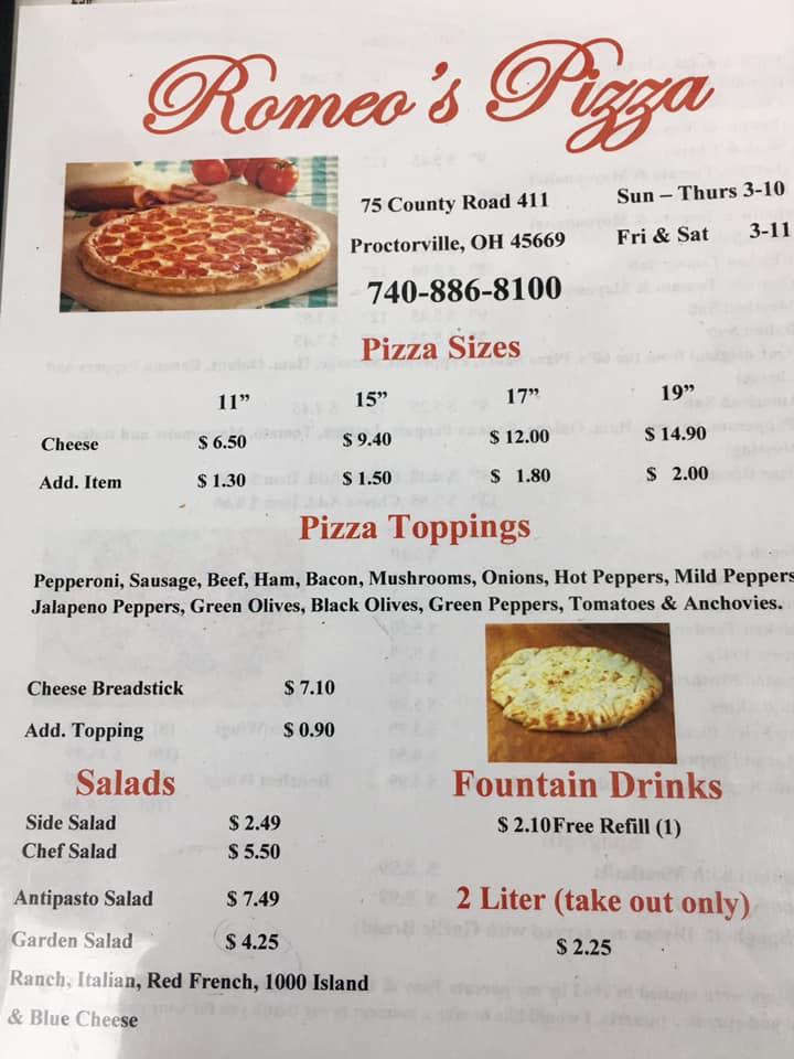 Menu at Romeo's Pizza pizzeria, Proctorville