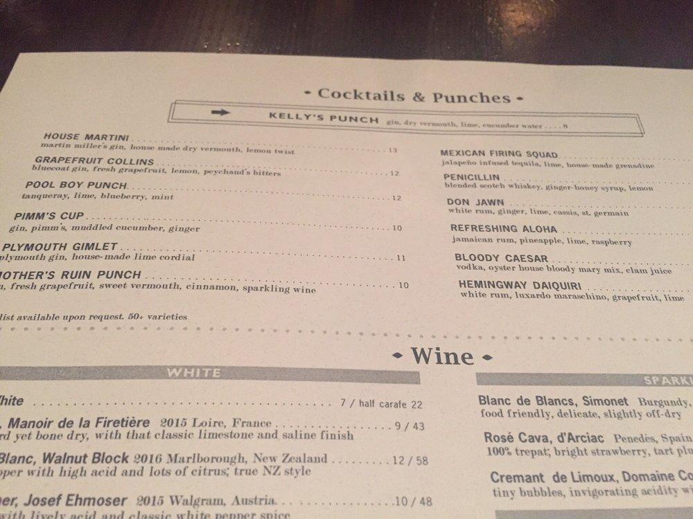 Menu at Oyster House restaurant, Philadelphia
