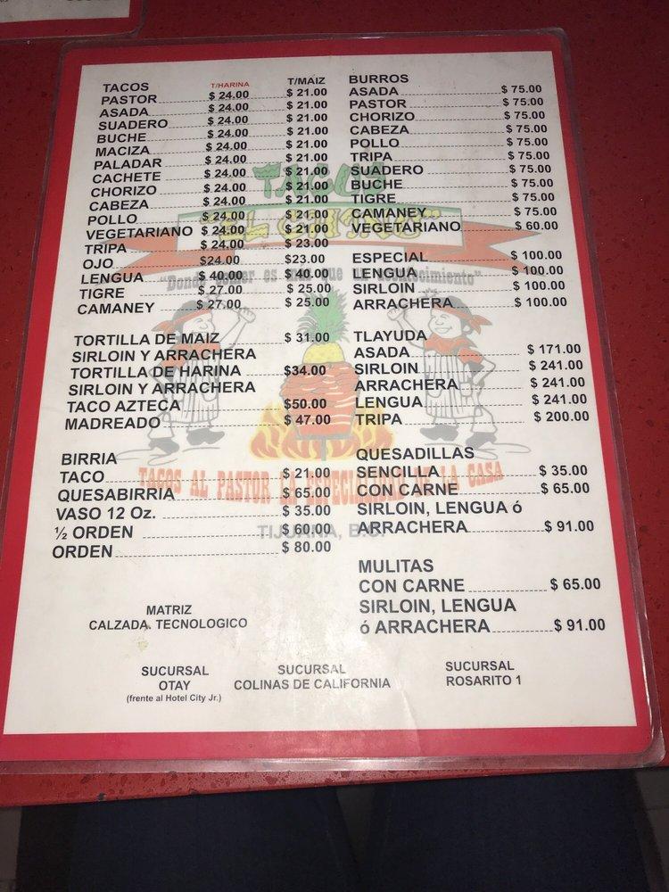 Menu at Tacos El Chino restaurant, Rosarito, Tacos El Chino