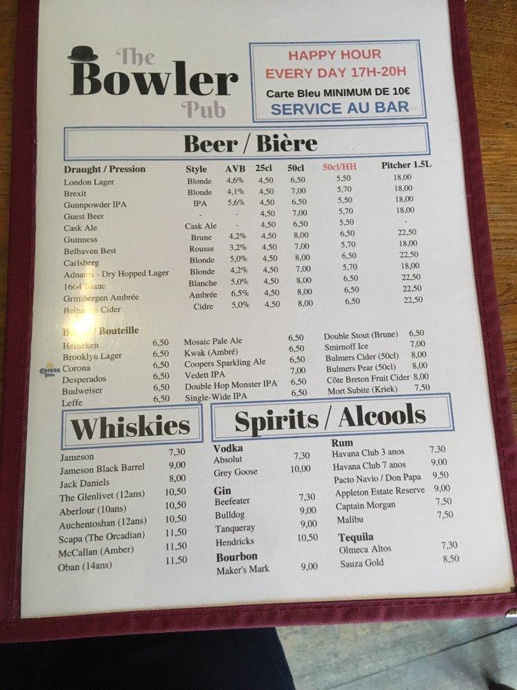 Menu at The Bowler pub & bar, Paris