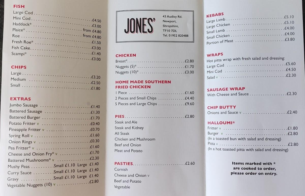 Menu at Jones Fish & Chips newport shropshire fast food, Newport