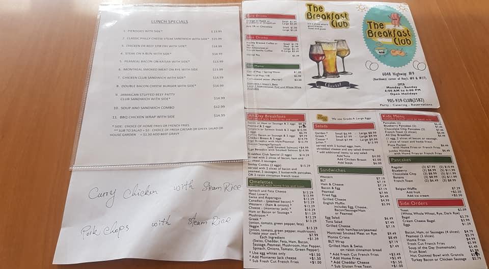 Menu at The Breakfast Club, Schomberg, ON9